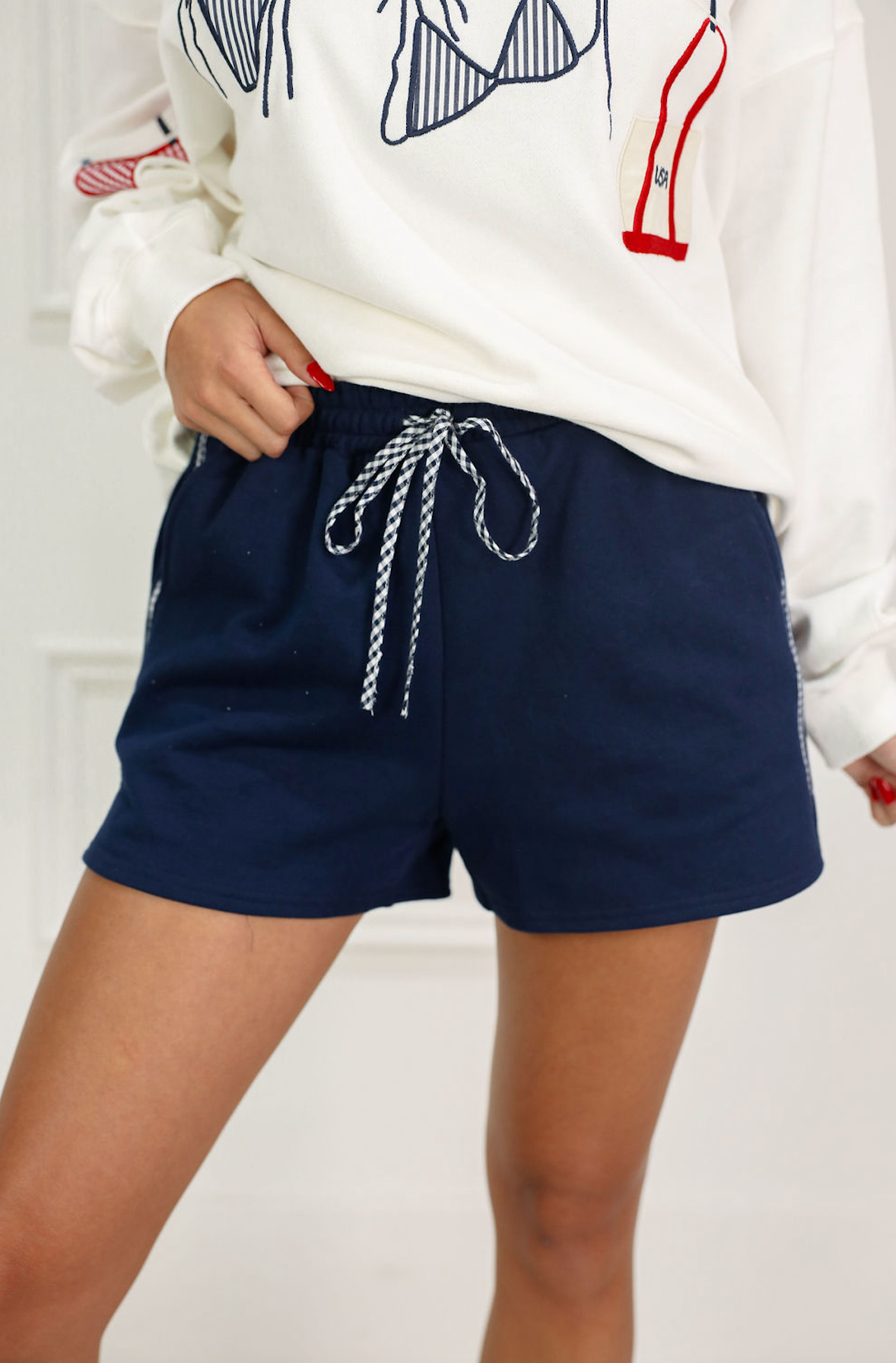 Contrast Side Tie Shorts Navy - Clothe Boutique