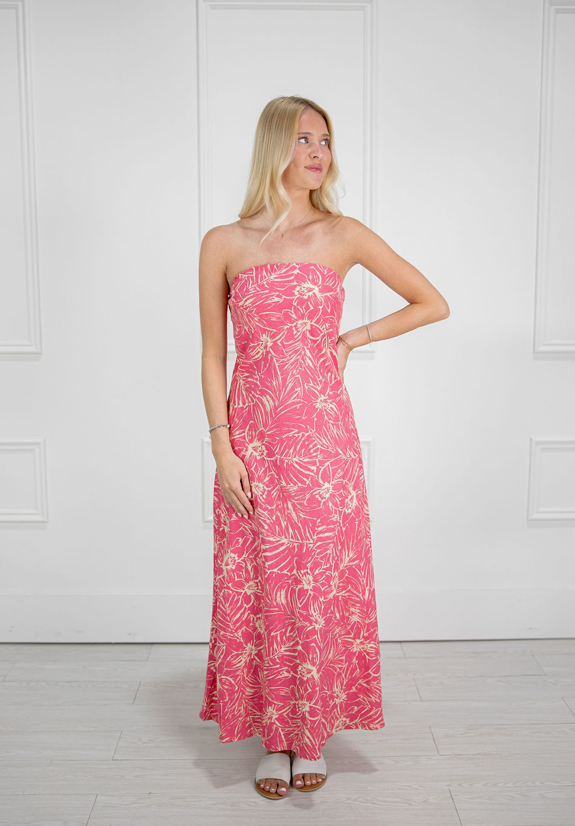 Pink Hibiscus Strapless Maxi Dress