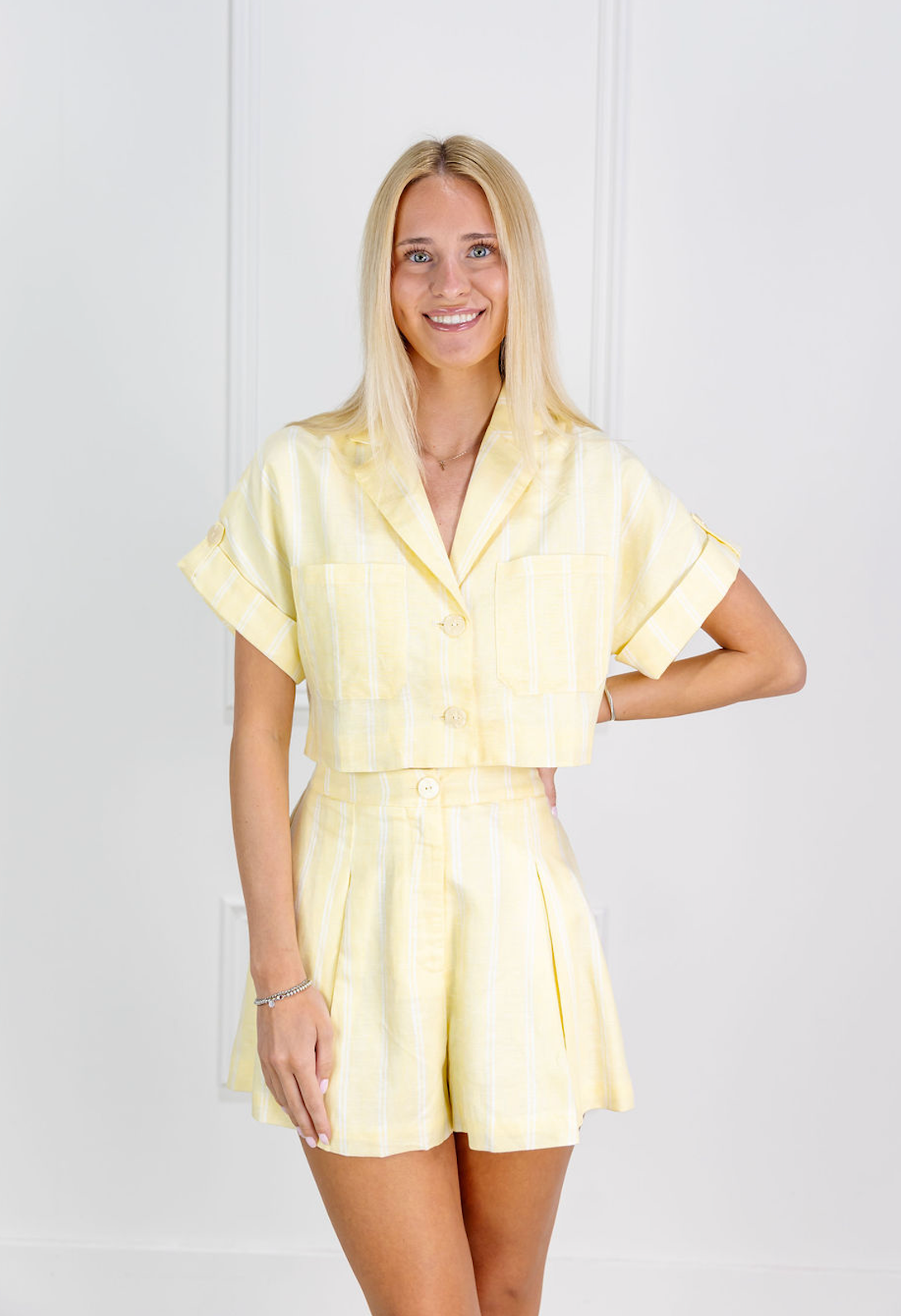 Yellow Striped Crop Shirt & Shorts Set of 2
