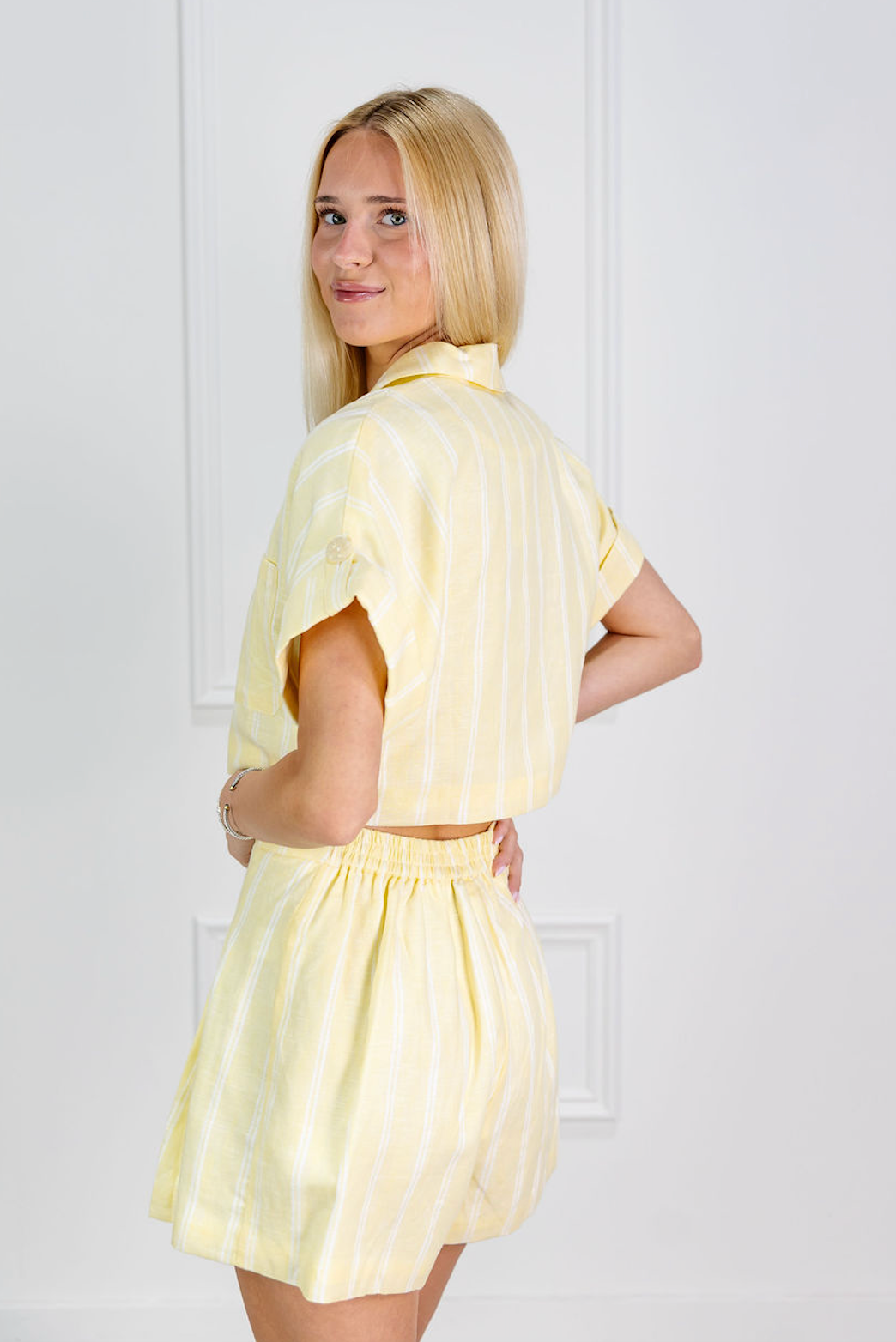 Yellow Striped Crop Shirt & Shorts Set of 2