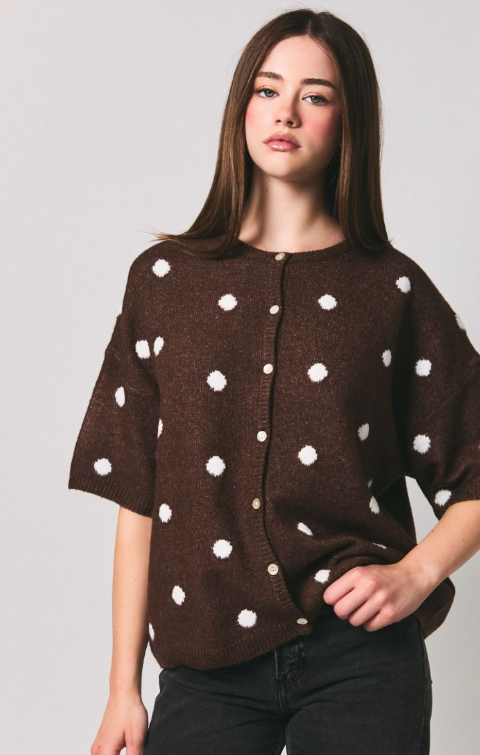 Polka Dot Crew Neck Cardigan Chocolate