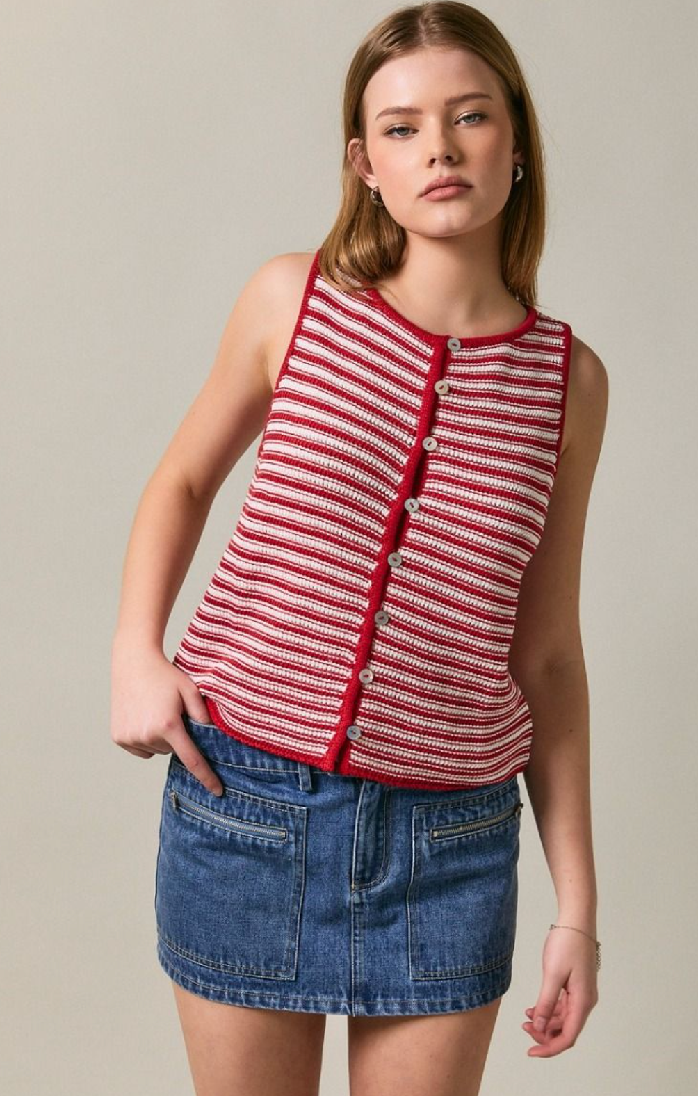 Red/Cream Stripe Knit Vest