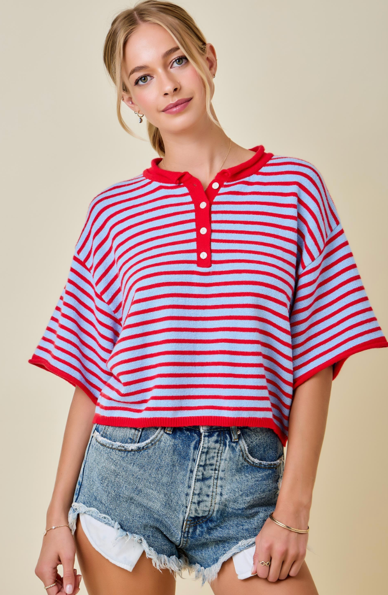 Striped Henley Knit Top Red