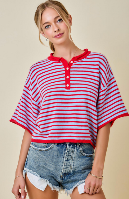 Striped Henley Knit Top Red