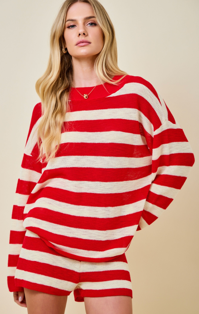 Striped Knit Sweater & Shorts Set of 2 Red/White