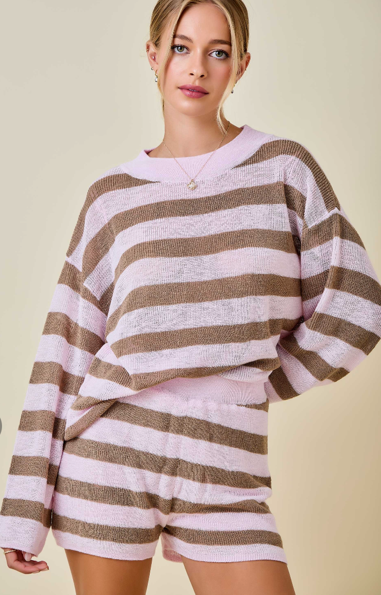 Striped Knit Sweater & Shorts Set of 2 Pink/Brown