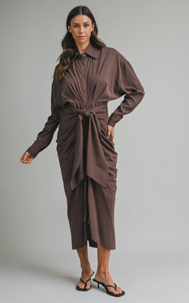 Brown Front Tie Midi Dress