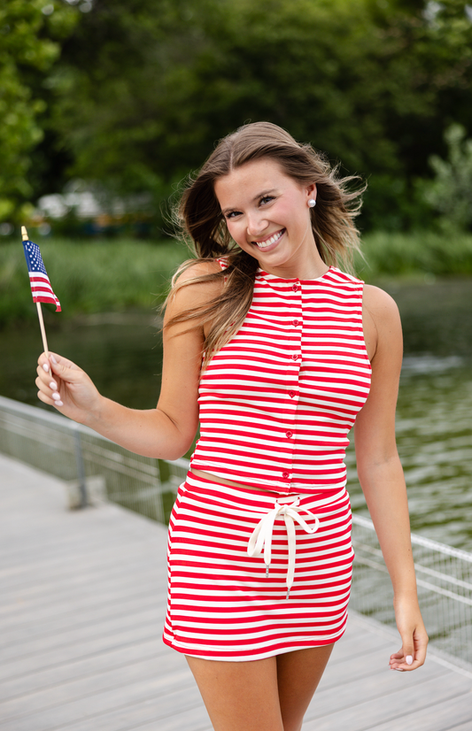 Striped Mini Skirt W/ Drawstring Red