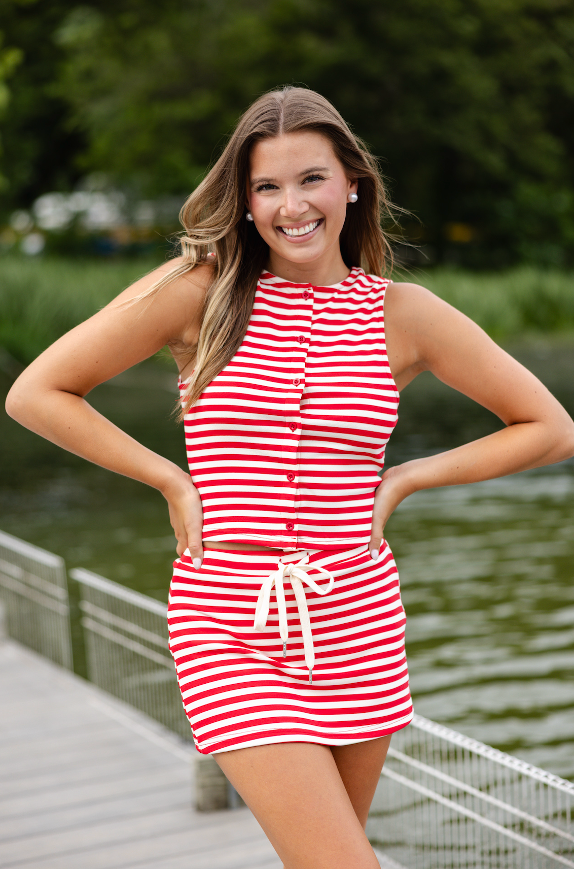 Stripe Button Tank Red