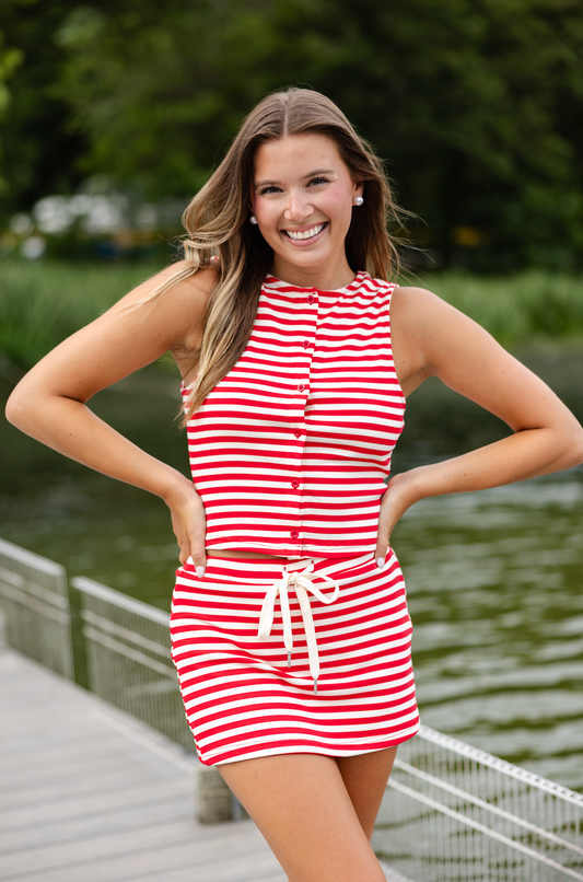 Stripe Button Tank Red