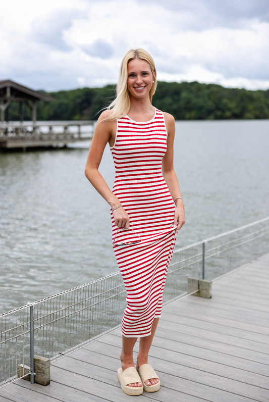 Red/White Stripe Midi Dress