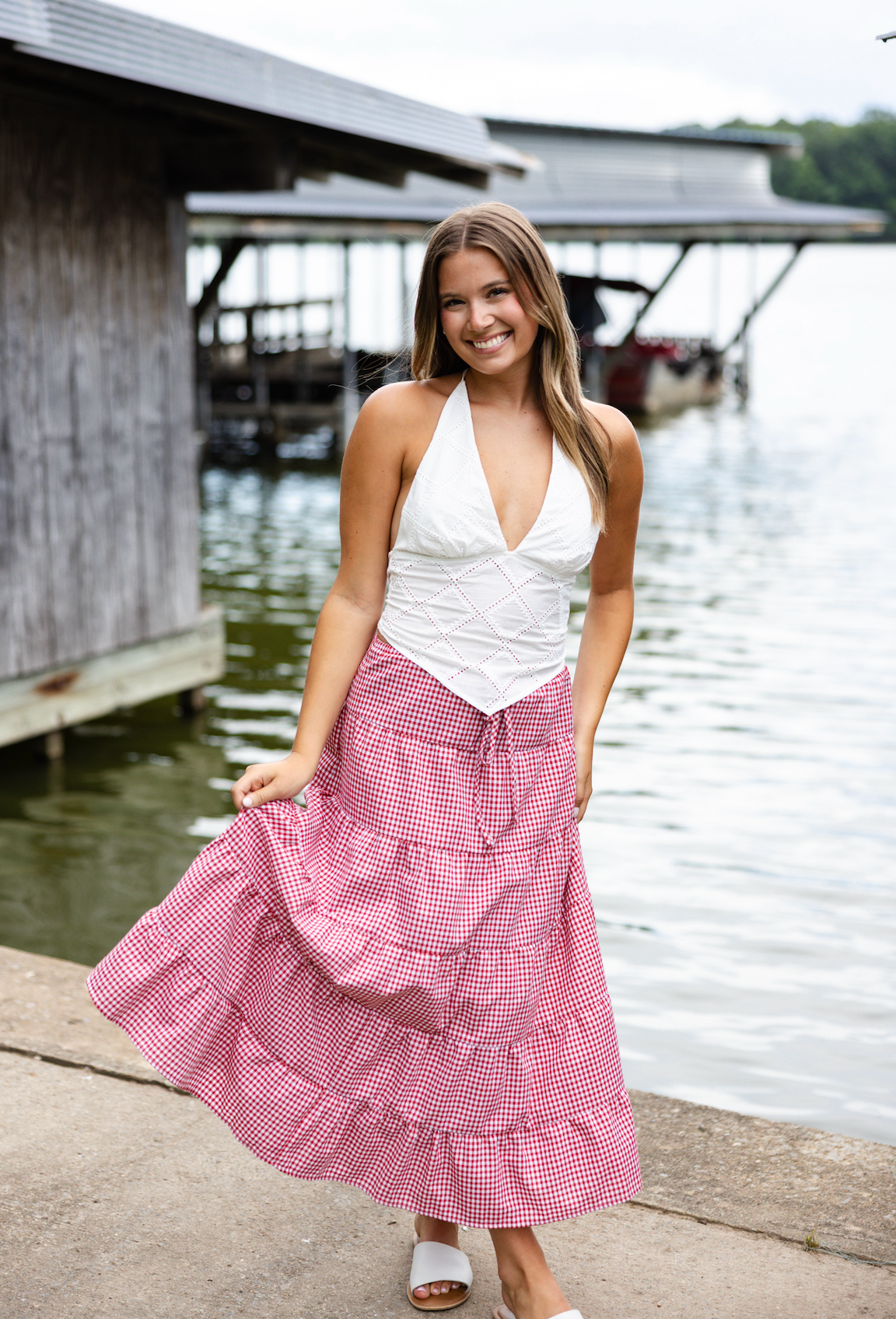 Red Gingham Midi Skirt