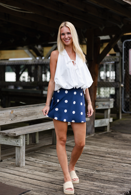 Navy Polka Dot Satin Skirt