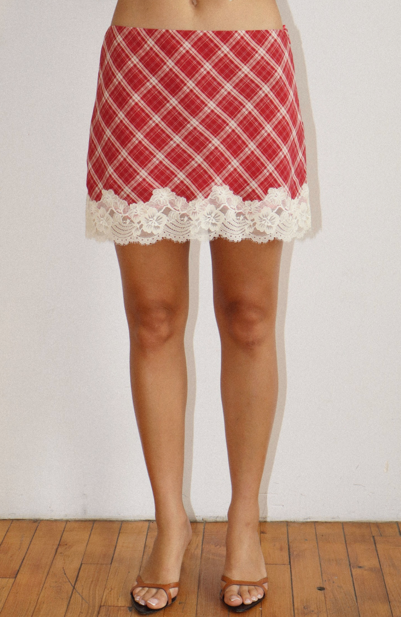 Red Plaid Lace Hem Skirt