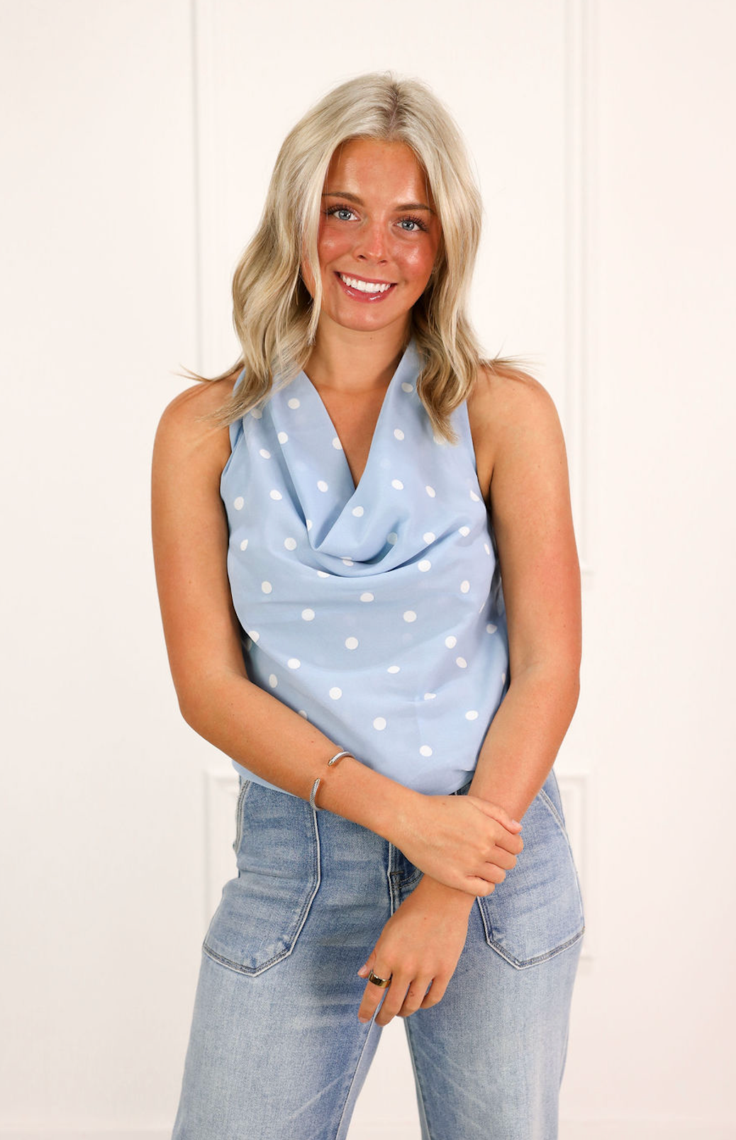 Polka Dot Cowl Top w/ Scarf Blue