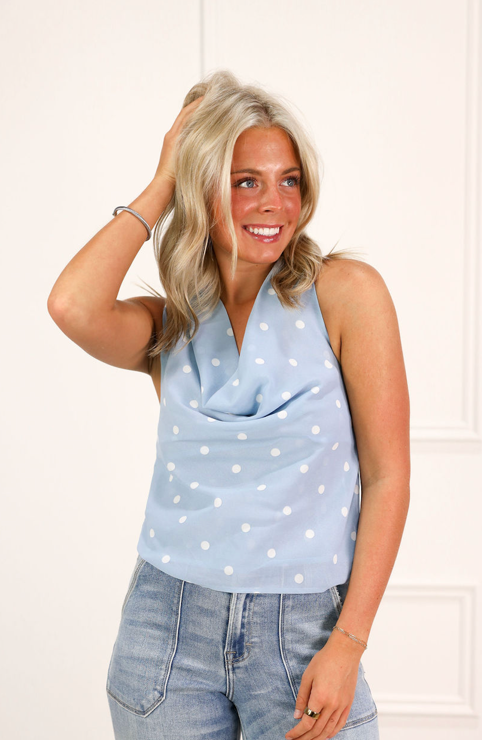 Polka Dot Cowl Top w/ Scarf Blue
