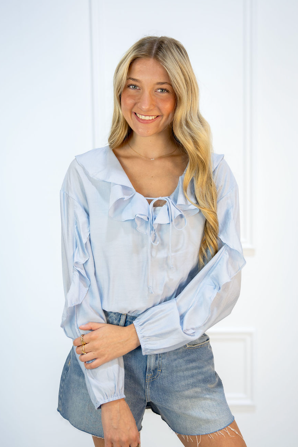 Blue Ruffle Front Blouse
