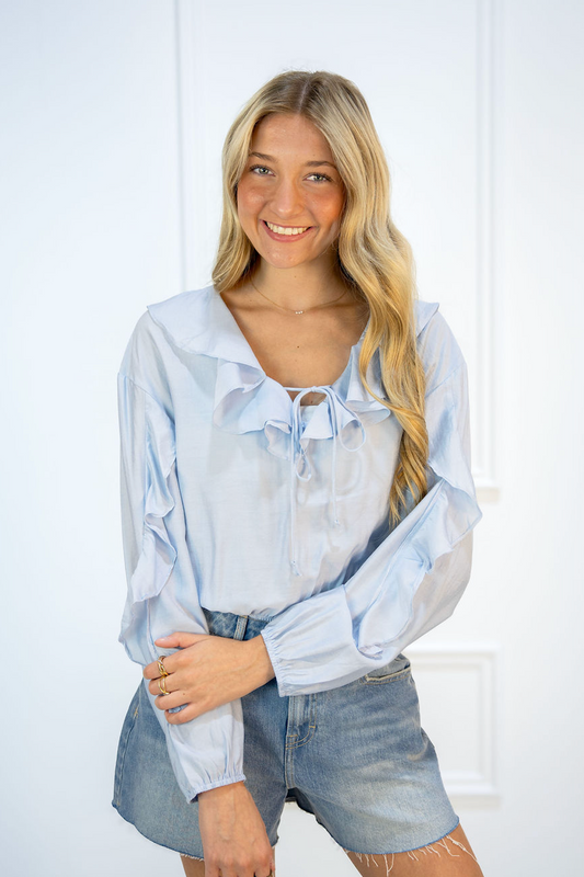 Blue Ruffle Front Blouse