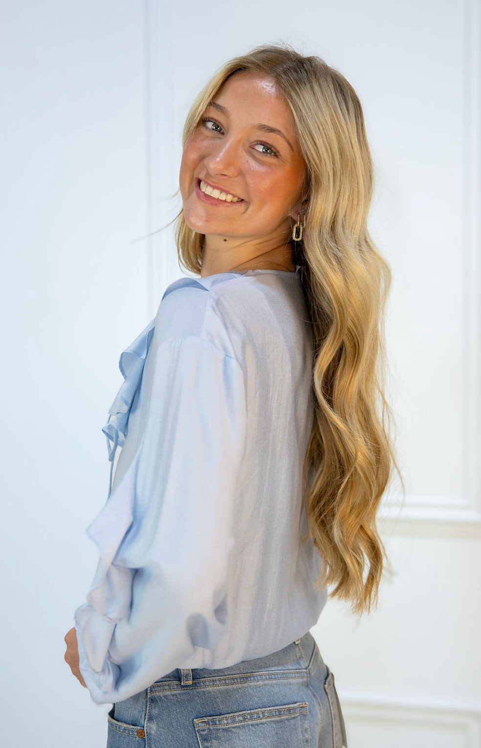 Blue Ruffle Front Blouse