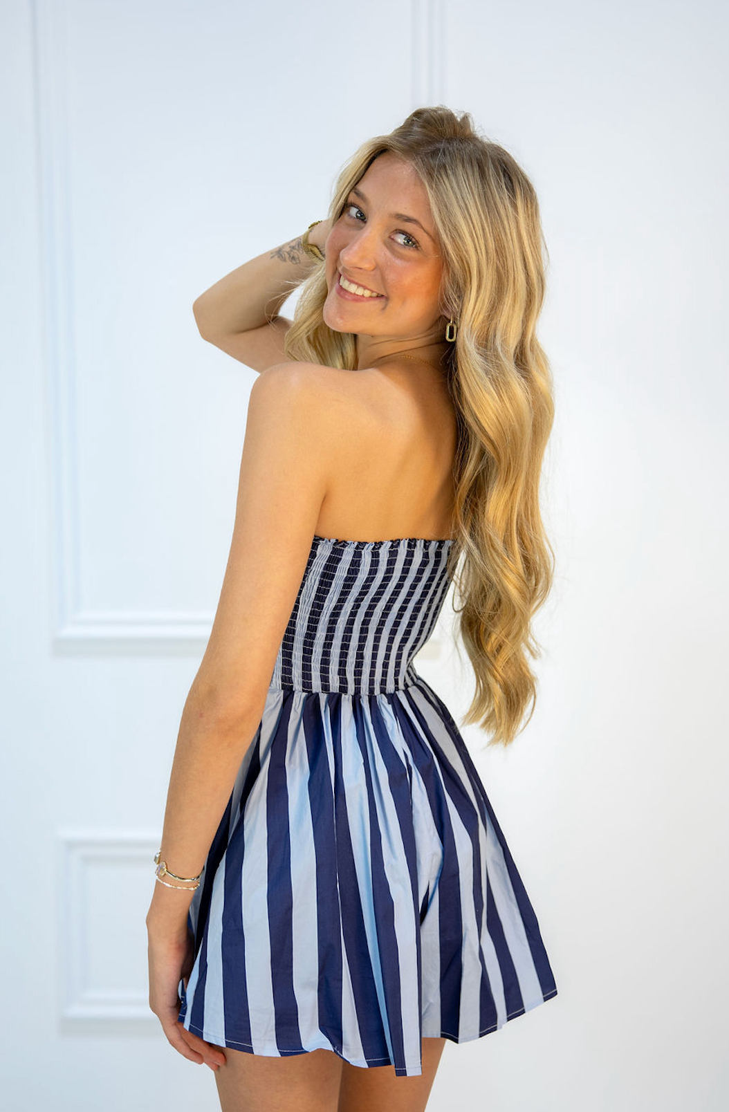 Navy/Blue Striped Strapless Romper