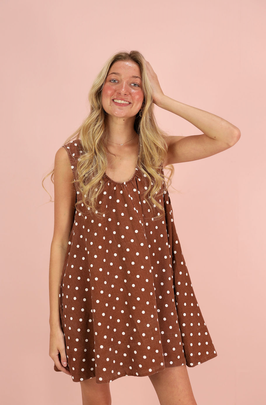 Polka Dot Scoop Neck Dress Brown