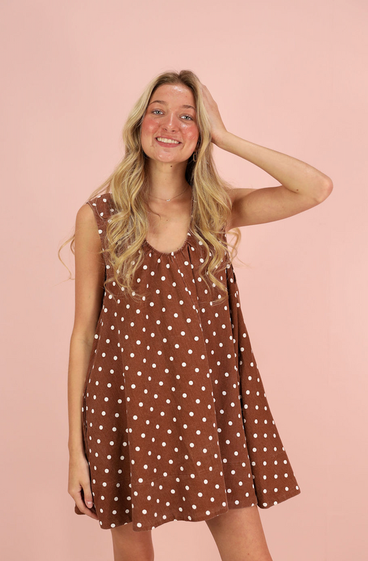 Polka Dot Scoop Neck Dress Brown