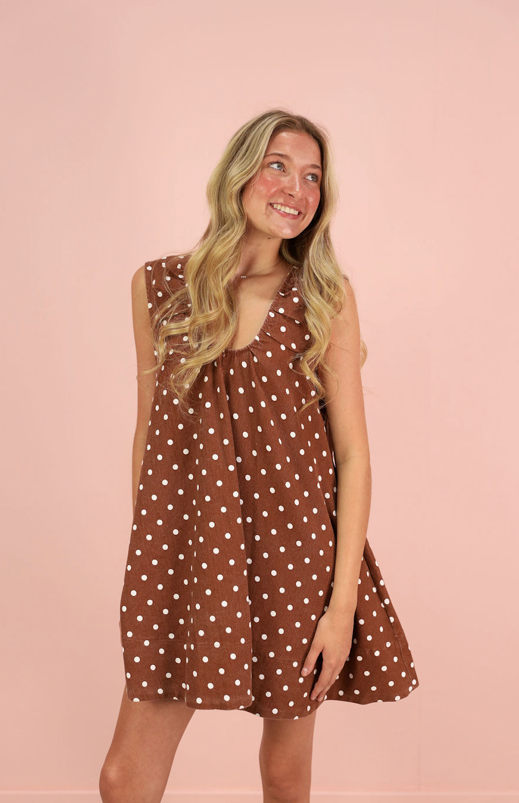 Polka Dot Scoop Neck Dress Brown