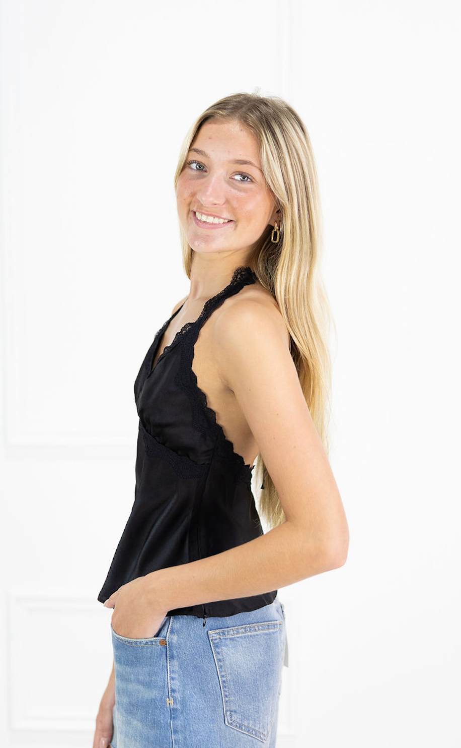 Lace Trim Halter Top Black