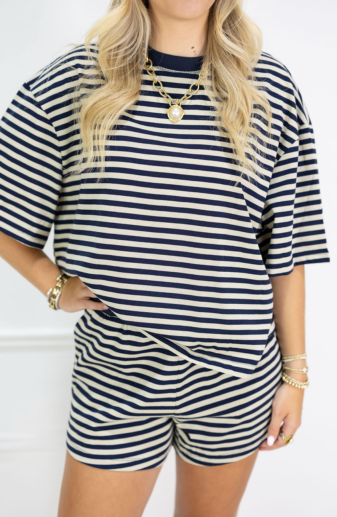 Stripe Tee & Shorts Set of 2 Taupe/Navy
