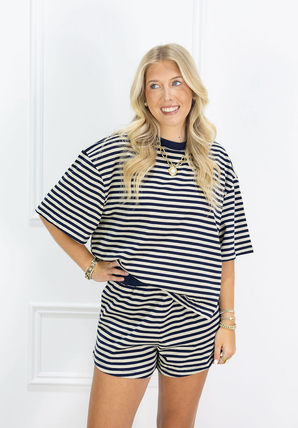 Stripe Tee & Shorts Set of 2 Taupe/Navy