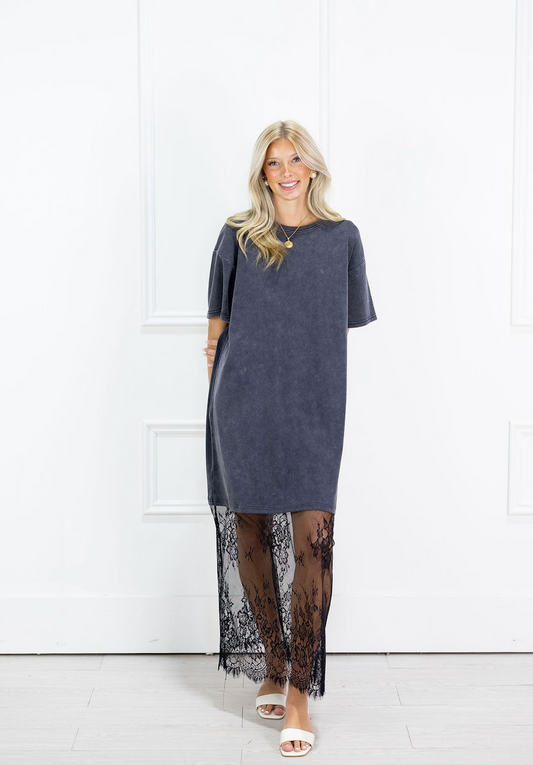 Black Lace Hem T-shirt Maxi Dress