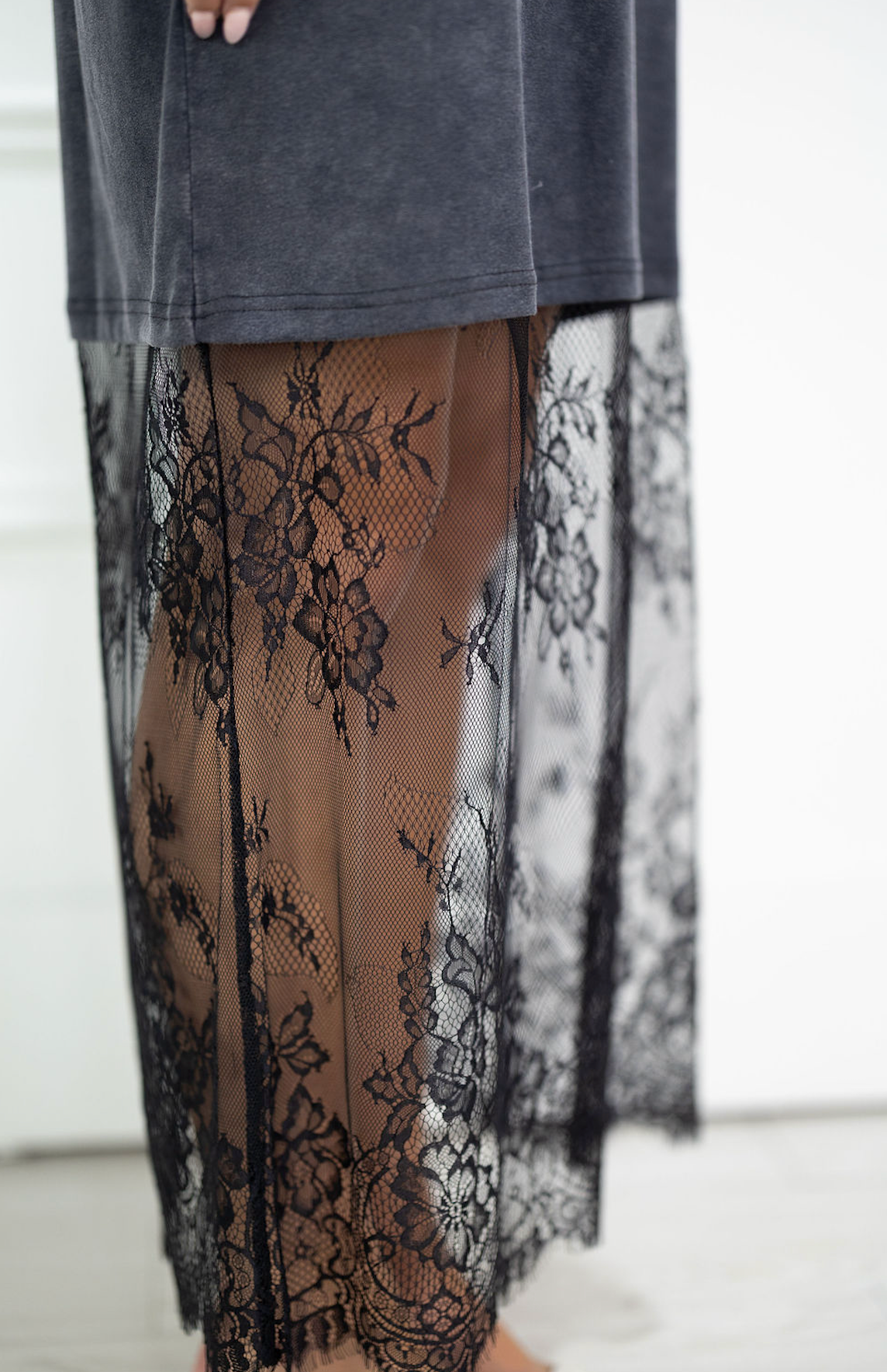 Black Lace Hem T-shirt Maxi Dress