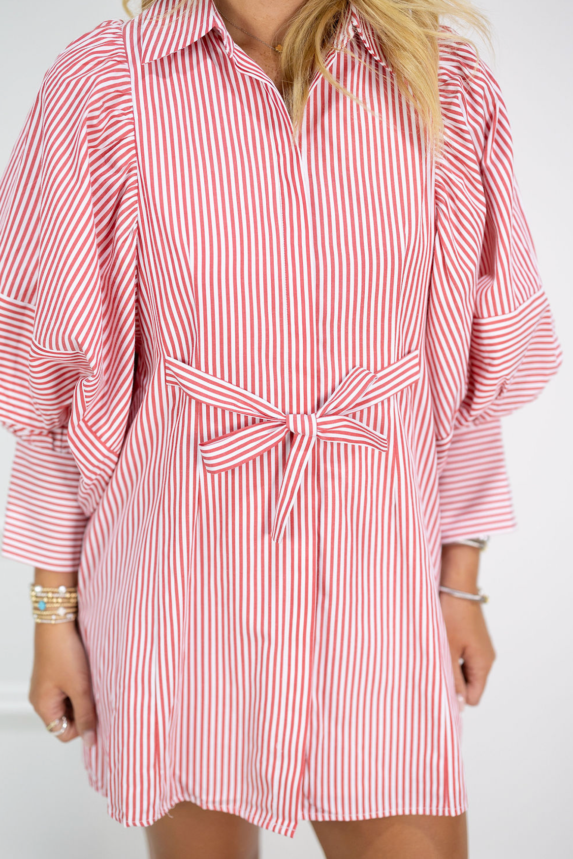 Big Sleeve Shirt Dress Red Stripe