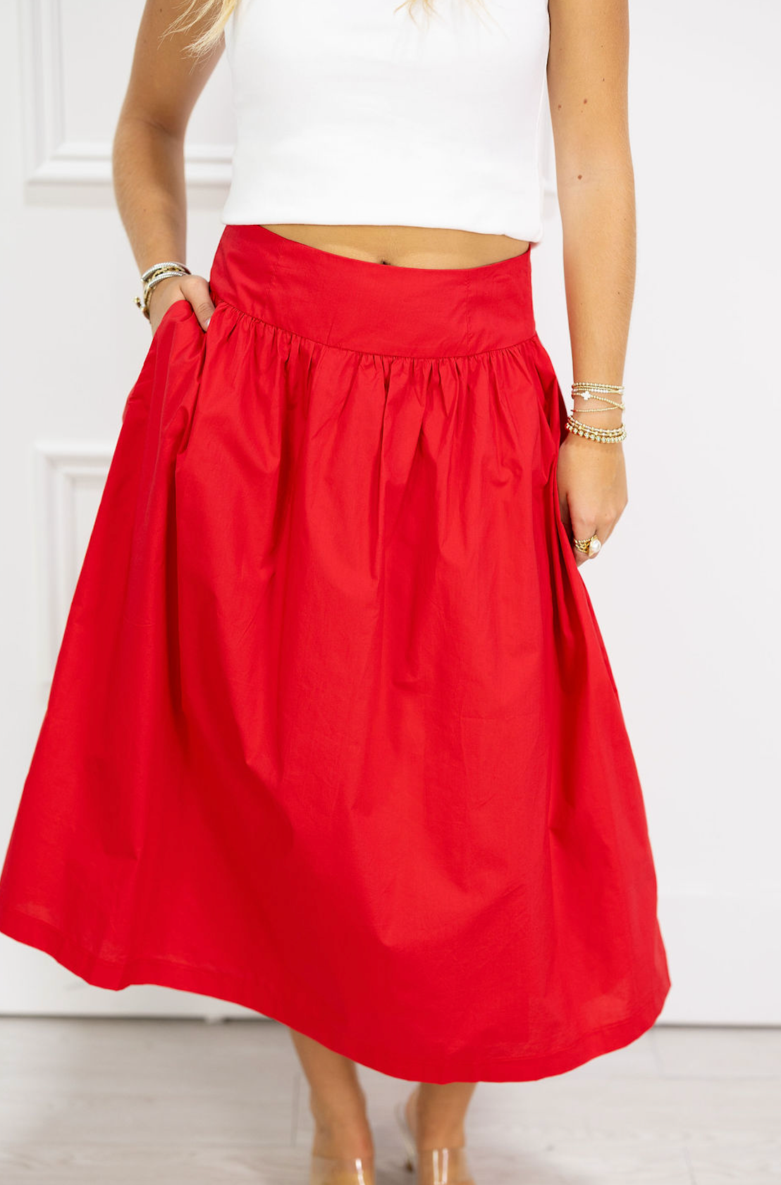 Red Poplin Skirt w/ Pockets