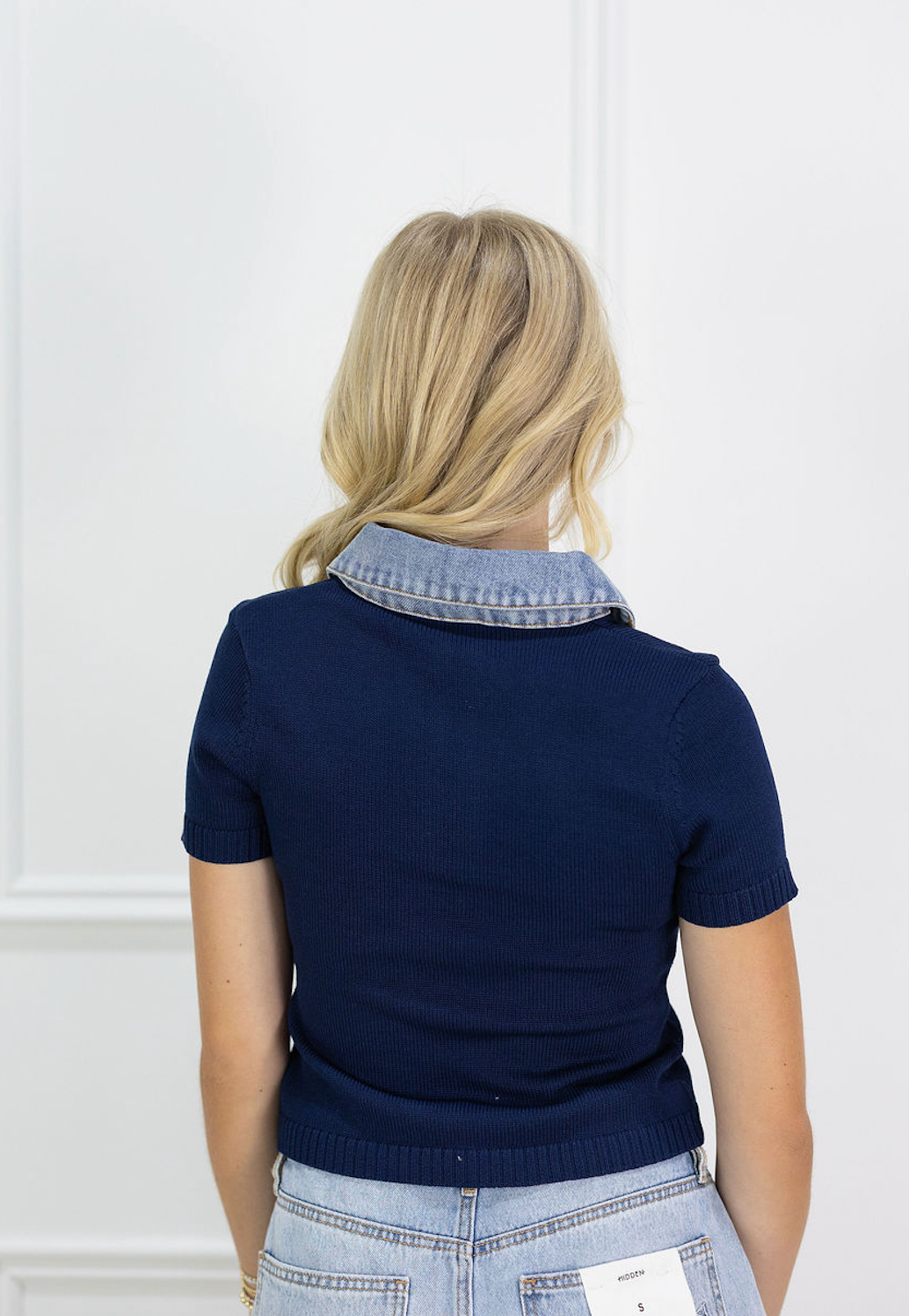 Navy Denim Contrast Knit Top