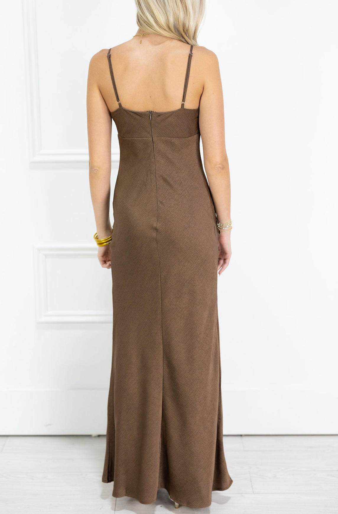Brown Spaghetti Strap Satin Dress