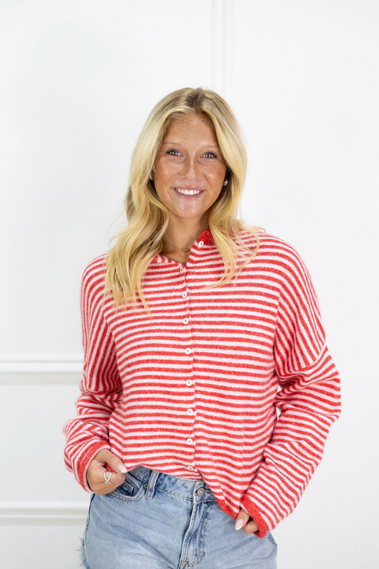 Button Down Cardi Cherry/Pink Stripes