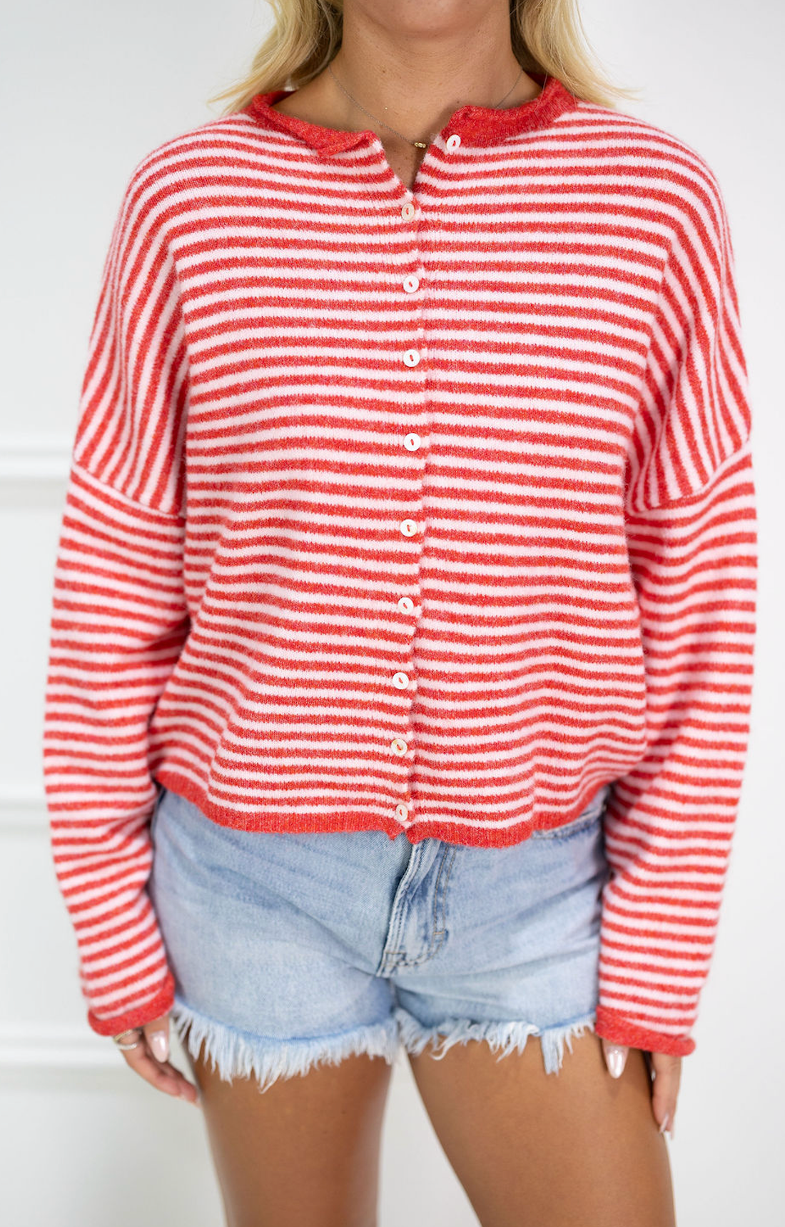 Button Down Cardi Cherry/Pink Stripes