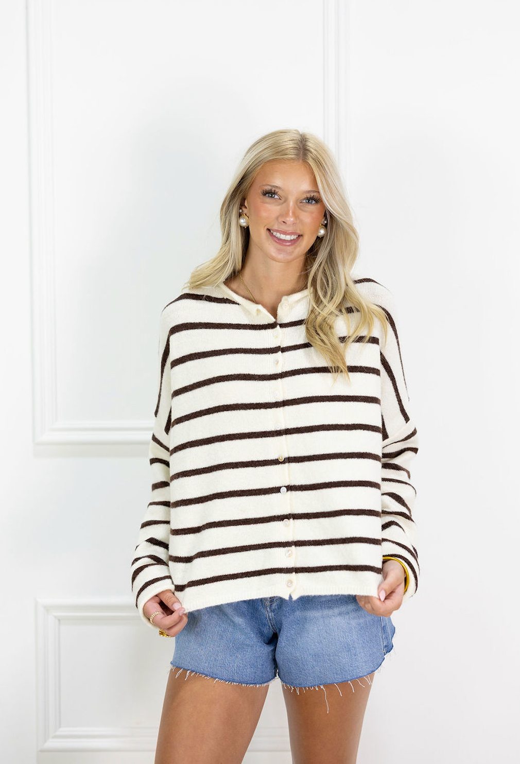 Striped Piper Cardi Cream/Brown