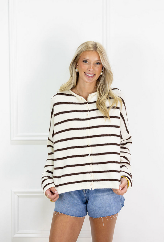 Striped Piper Cardi Cream/Brown