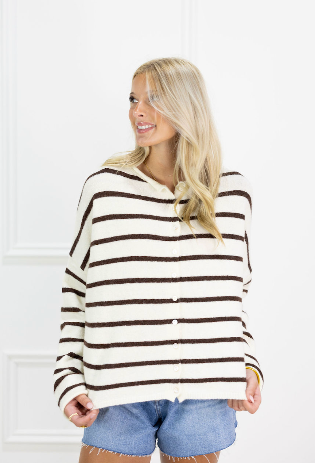 Striped Piper Cardi Cream/Brown