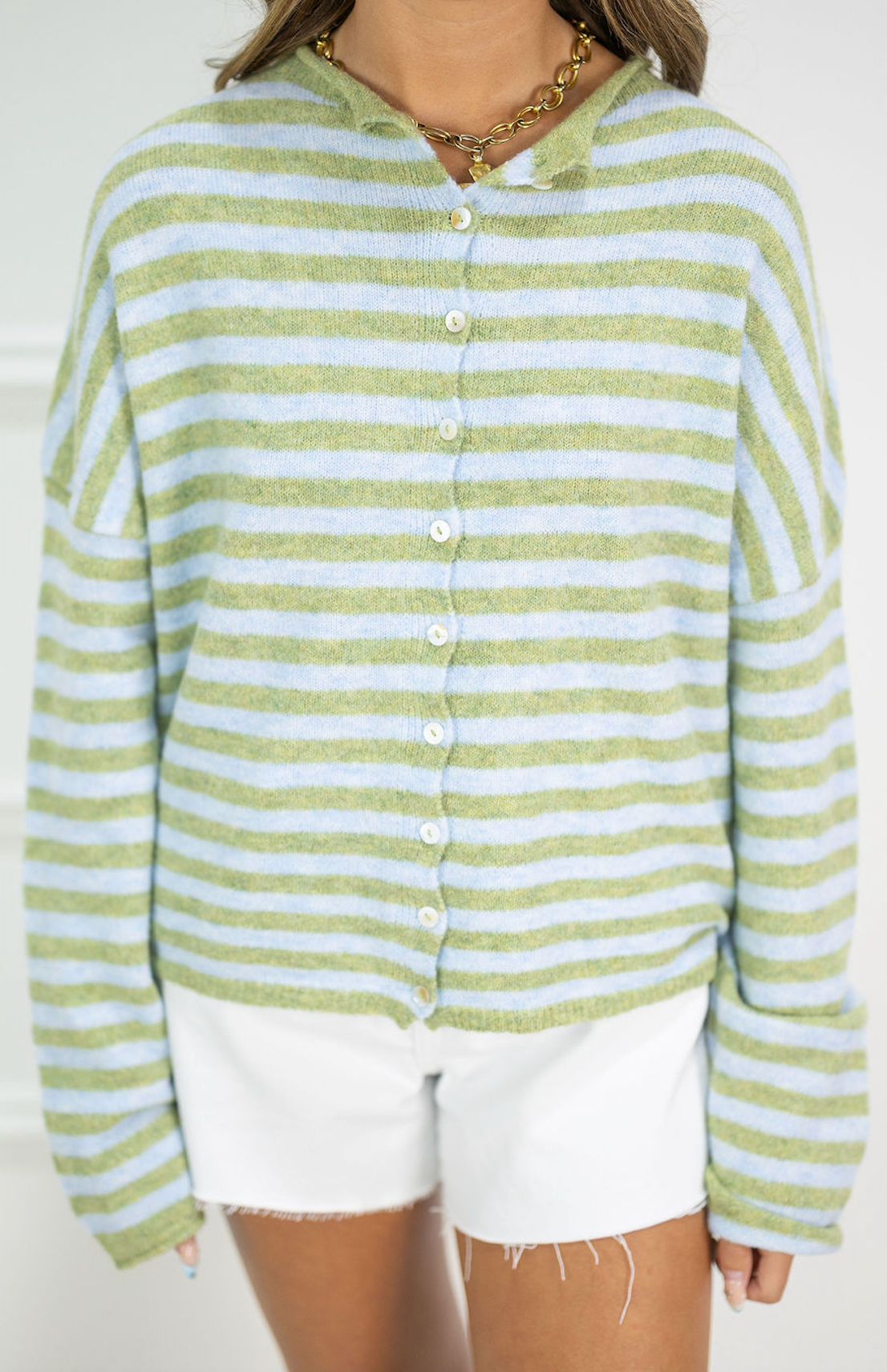 Button Down Cardi Matcha Stripes