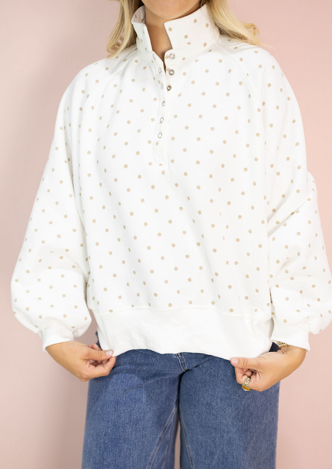 Polka Dot Snap Button Pullover White
