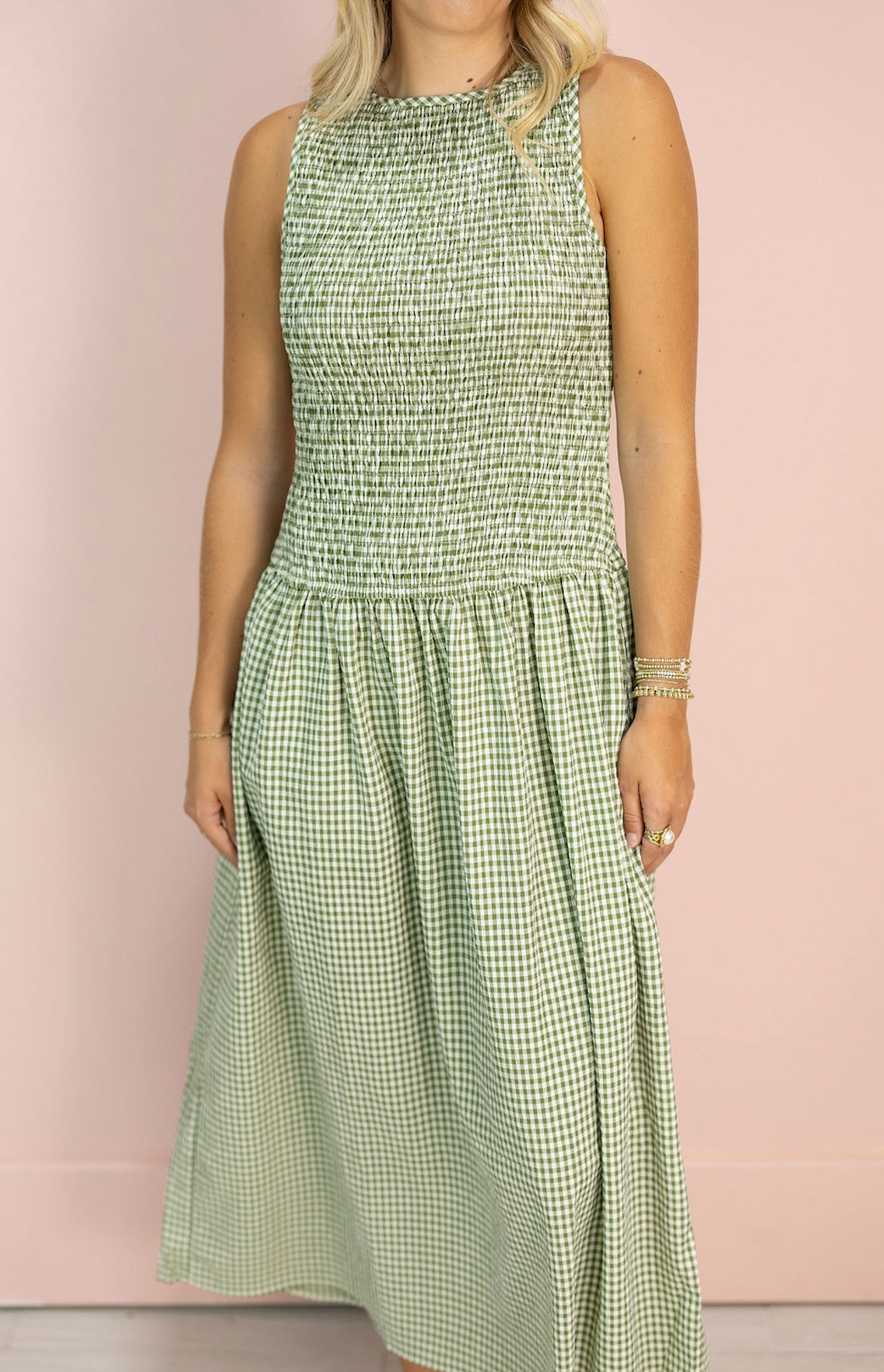 Green Gingham Smocked Maxi Dress