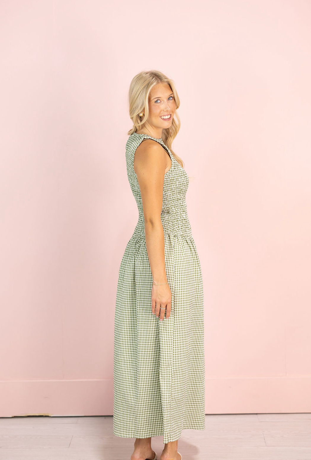 Green Gingham Smocked Maxi Dress