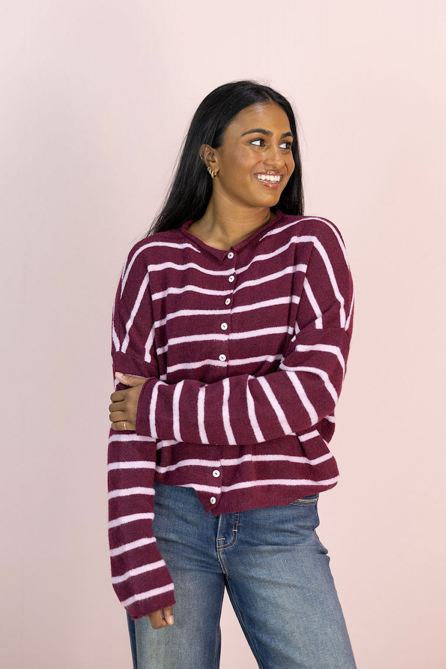 Striped Piper Cardi Wine/Pink