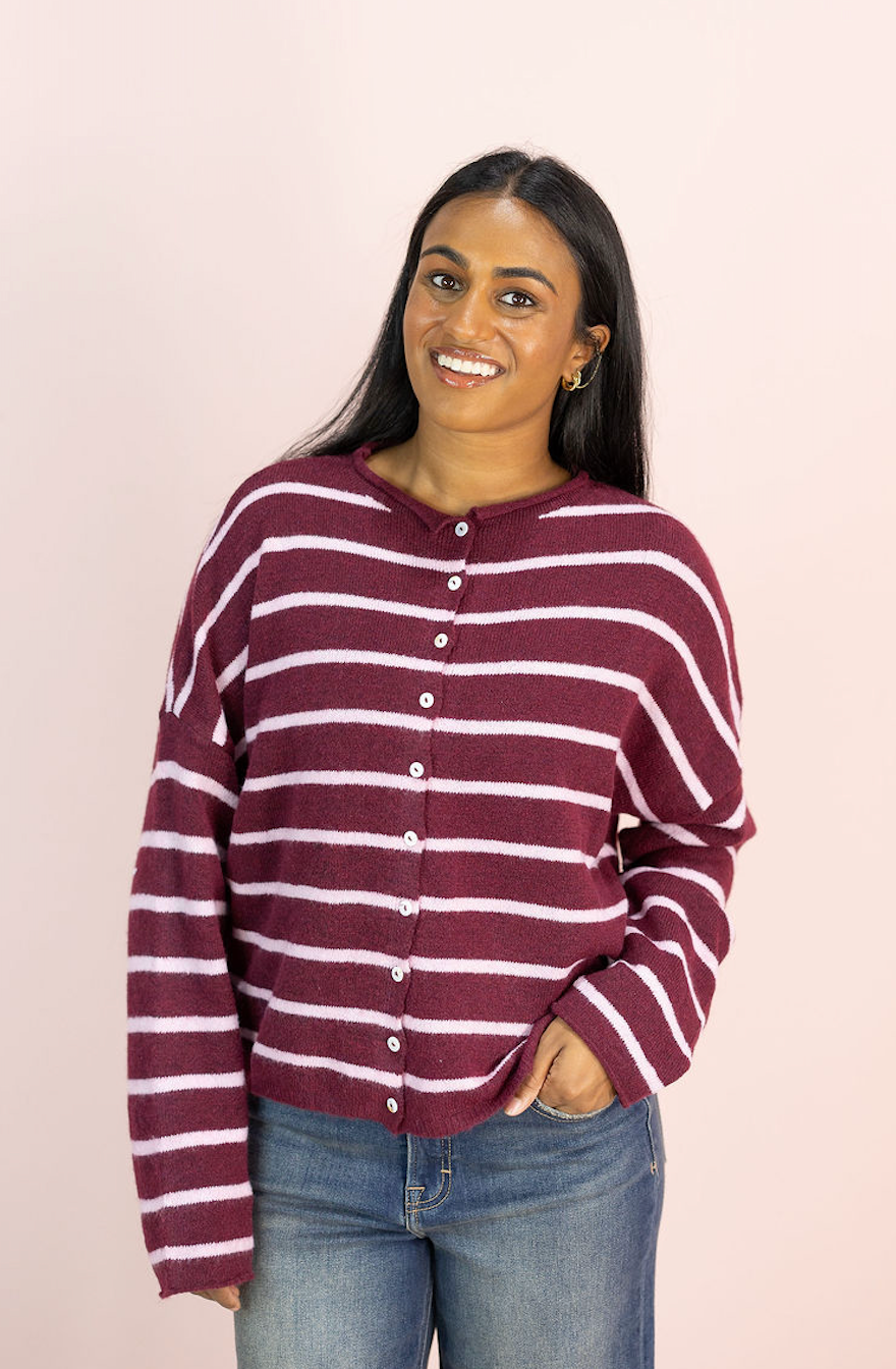 Striped Piper Cardi Wine/Pink
