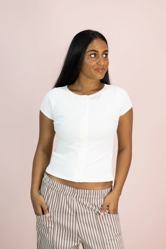 Ribbed Button Top Ivory