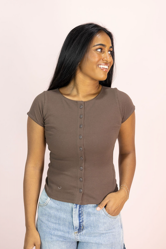 Ribbed Button Top Brown