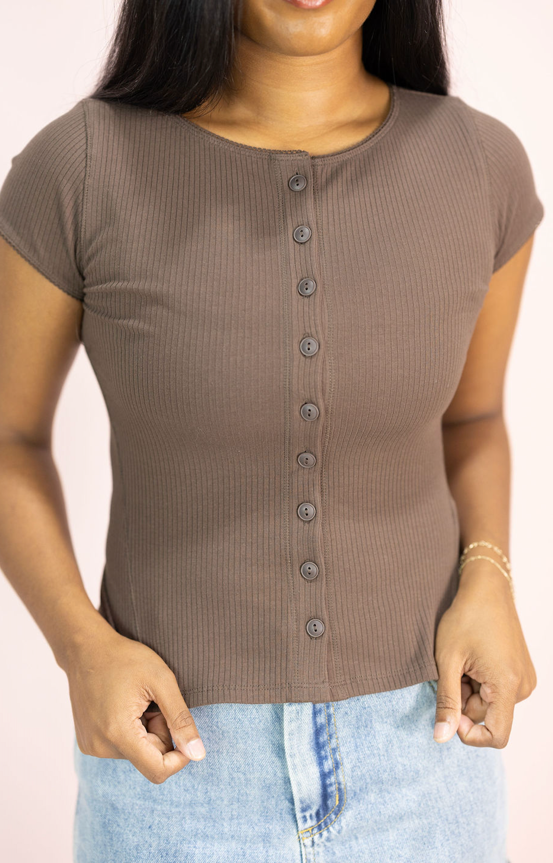 Ribbed Button Top Brown